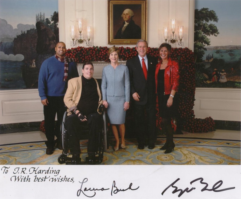 President George W. Bush, Laura Bush and J.R Harding, national disabilities advocate. Signed photo in White House